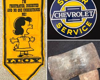 Vintage Winchester axe, vintage Peanuts cartoon felt Lucy banner, porcelain Chevrolet advertising sign