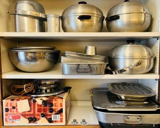 Vintage waffle maker, vintage pots and pans, cooking supplies