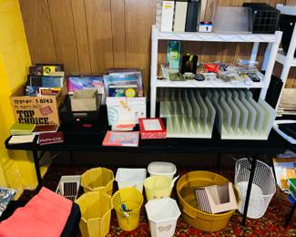 Vintage plastic waste baskets, office supplies, photo albums, desk organizers