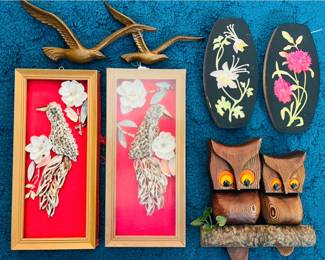 Vintage owl wall art, vintage shell art, vintage flying seagull wall art