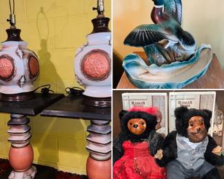 Vintage Lane and Co mallard duck TV lamp/planter, Raikes Bears, Howard Kron table and lamp set