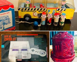 Fisher Price #983 Safety School bus compete with original box, Super Nintendo NES complete with box, fairy lamp