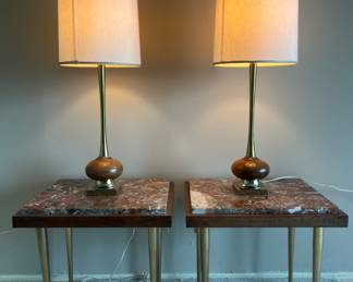 Vintage stone top/brass leg side tables, vintage Laurel brass/walnut lamps