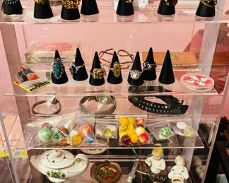 Uranium glass marbles, vintage jewelry, rings, miscellaneous smalls