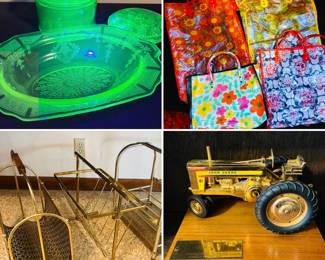 Uranium glass bowl, uranium glass refrigerator canister, uranium glass flower frog, vintage plastic floral purses/bags, brass magazine racks, John Deere 620 salesmanship award