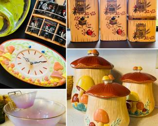 Vintage glass chip and dip bowl, vintage ceramic mushroom canisters, vintage tin canisters, vintage mushroom clock, vintage spice rack
