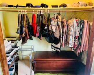 Lane cedar chest, vintage purses and handbags, vintage drapes, women’s shoes