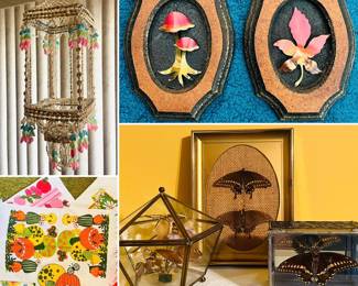 Vintage mushroom towels, vintage hanging shell planter, vintage mushroom wall art, vintage butterfly taxidermy art