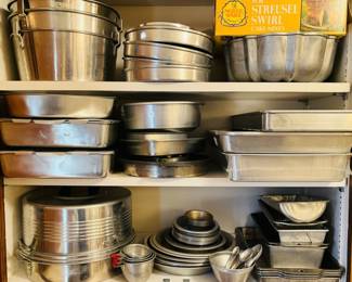 Vintage metal cooking supplies, pots and pans