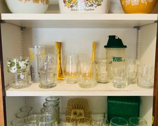 Vintage butterfly gold Pyrex, vintage plastic floral napkin holder, vintage spice of life casserole dish