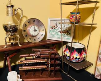 Vintage kinetic clock, brass plant stand, vintage wall clock, paint by numbers wall art, vintage brass and glass coffee pot