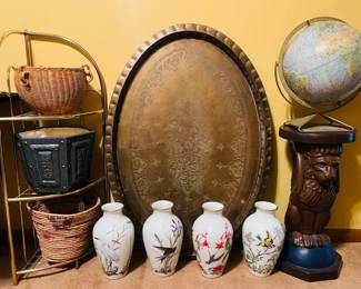 Brass plant stand, gargoyle plant stand, vintage globe, decorative bird vases, large brass serving platter/tray, ceramic planters