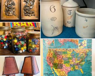 Vintage Albert Gillis table lamps, vintage school pull down map, vintages marbles, 5 gallon redwing jug, 4 gallon red wing crock, 6 gallon Union butter churn, vintage Albert Gillis copper wall art