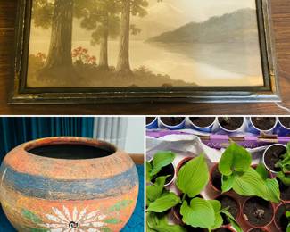 Vintage Japanese art, terracotta planter, hosta plants