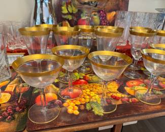 Gold double band Tapestry Crystal Hollywood Regency Coupe Glasses and Wine Goblets