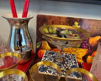 Gold double band Tapestry Crystal Hollywood Regency Coupe Glasses and Wine Goblets and Vase