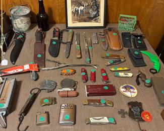 Vintage LIghters, knives, hunting knives, weight hangers