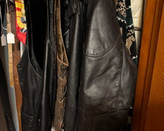Leather vests and coats, belts, scarves