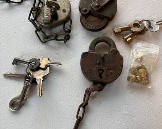 Railroad Locks - CB & Q Switch Lock, Missouri Pacific Switch Lock 2 Key, Mo PAC Lock & Key, Pullman Coat Buttons, Missouri Pacific Buttons, Kansas City Terminal Switch Key, Penn Central Switch Key, 2 American Switch Lock Key
