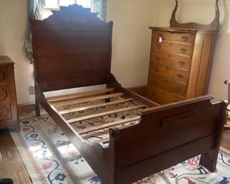 Antique twin size bed, oak dresser and chest