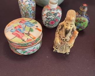 Rose medallion box, snuff bottles and carved miniature figure-some of the items have sold
