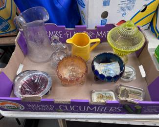 Ad Paper Weights, Vaseline Glass, Carnival Glass