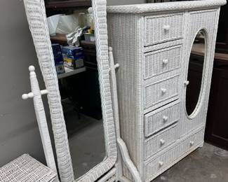 White Wicker Mirror On Stand
