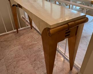 Custom modern design gold and opaque white console table. 51 long, 14 wide, 29 high