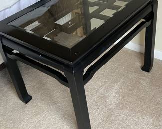 1980s Asian modern side table in black and glass 21 by 27 and 21 high