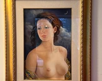 Pasquale Picazio painting of nude brunette woman with the moon in the background. Signed on the back. 28 high, 22 wide and 2 deep