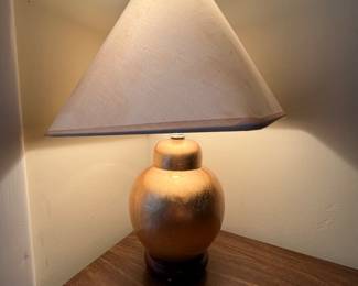 Vintage L Drimmer Sphere brass table lamp. Made of terracotta with 24k hammered gold plating. 14.5 high with shade