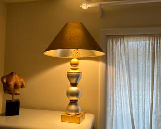Silver and gold tall orb table lamp with shade. 22, 30.5 with shade