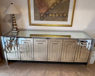 Mirrored large 6 door sideboard cabinet 75.5 long, 29 tall and 20 deep