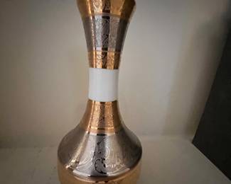 Pair of vintage Bohemia Sneroll Gold and Silver porcelain vases. 8.5 high