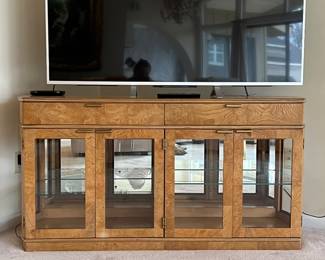 Vintage Burlwood and glass 4 door and 2 drawer sideboard. Can be used as a TV console or many other uses! 54 long, 16 deep, 28 high