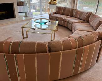 Custom designed vintage 3 piece semi-circle sectional sofa. 90 inch radius, 180 diameter, 24 tall, 28 deep.