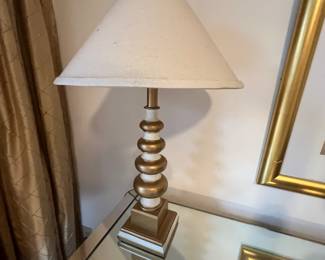 Hollywood Regency style white and gold spiral design table lamp. 26 high, base 5.5 square