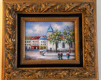 Vintage Wolfgang Zeller oil painting in heavy ornate gold frame depicting a French village 18 by 16 tall, 3 deep