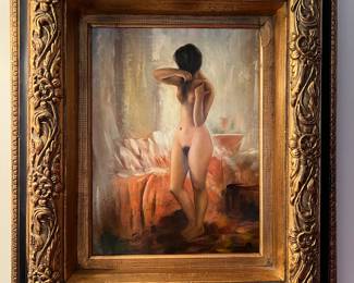 Oil painting on canvas of standing nude woman influenced by Romanticism from the Continental School. Has certificate of authenticity. 26.6 high, 23 wide and 4 inches deep