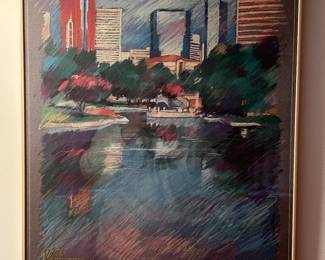 Framed print of the Charlotte skyline from WRLX radio. Rela signed. 20 wide, 26 high, 1 deep