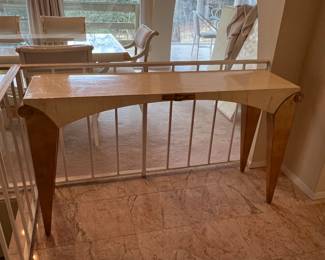 Custom modern design gold and opaque white console table. 51 long, 14 wide, 29 high