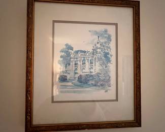 Signed watercolor by French artist Pierre Pages, born in 1933 depicting a European chateau in soft blues and grays. 12.5 by 11, inside pic