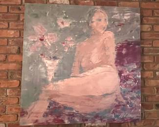 Seated lady with floral arrangement on canvas. 40 square