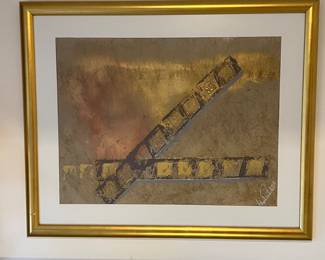 Large signed modern abstract gold art 43 wide by 35 tall and 2 deep. Inside 33 wide and 25 tall