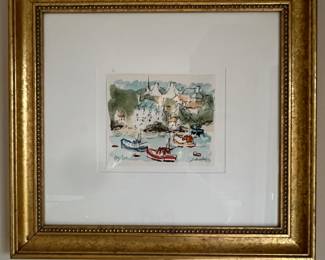 Signed and pencil numbered 130/350. Framed Harbour in Brittany from 1989. Lithograph in color on Arches paper. 19 by 17.5 frame, inside pic 5 by 7