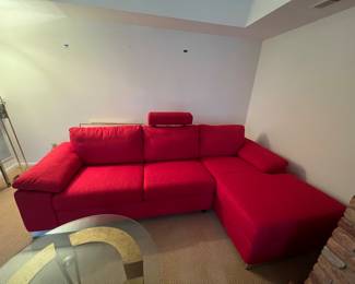 Vintage red couch with chaise and removable head rest. In great shape! 103 long, 28 high, 29 seat depth, 22 arm height