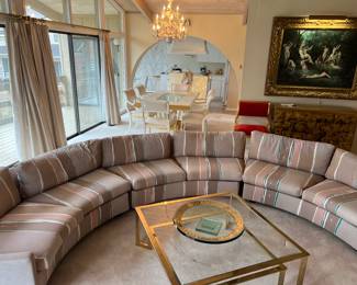 Custom designed vintage 3 piece semi-circle sectional sofa. 90 inch radius, 180 diameter, 24 tall, 28 deep.