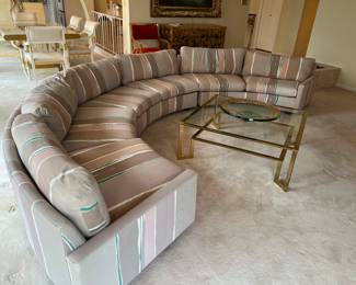 Custom designed vintage 3 piece semi-circle sectional sofa. 90 inch radius, 180 diameter, 24 tall, 28 deep.
