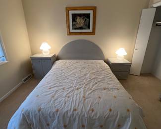 Queen guest bedroom set, Gray, in excellent condition. Headboard 43.5 inches high, 63 wide
Tall dresser 34 wide, 18 deep and 50 high
Side table with 2 drawers 24 wide, 19 deep, 23 high
Side cabinet 24 wide, 18 deep and 29 high
Low wide dresser with 6 drawers 68 wide, 19 deep and 31 high. Mirror 45 by 32. Planter 17 high, 10 wide