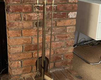 Solid brass vintage 4 piece fireplace set with stand. 33 tall, base 9.5 by 5